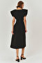 Belt Detailed V-Neck Cotton Black Regular Midi Dress - 5