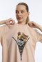 Women's Crew Neck Cat Printed T-Shirt Beige - 4