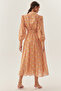 Shirt Collar Long Sleeve Sash Detailed Floral Pattern Midi Length Dress - 4