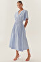 Gathered Waist V-Neck Bat Sleeve Midi Dress - 3