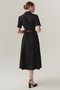 Shirt Collar Short Sleeve Waist Fitted Midi Length Black Dress with Belt - 3