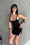 Slit Flexible Ribbed Knit Slim Fit Short Dress with Piping Straps - 3