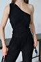 One Shoulder Black Seersucker Fabric Suit - 2