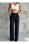 Women's Navy Blue High Waist Pleated Buttoned Lycra Stretchy Comfortable Fit Palazzo Trousers