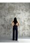 Women's Navy Blue High Waist Pleated Buttoned Lycra Stretchy Comfortable Fit Palazzo Trousers - 3