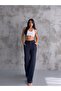 Women's Navy Blue High Waist Pleated Buttoned Lycra Stretchy Comfortable Fit Palazzo Trousers - 6
