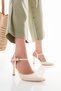 Women's Cream Metallic Stone Buckle Elegant Ankle Strap Heeled Shoes - Evening Chic - 5