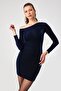 Navy Blue Glitter Tight Fit Asymmetrical Neckline Long Sleeve Lined Mini Dress - 2