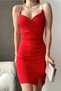 Scuba Fabric Red Mini Dress with Low-cut Chest and Slit Detail and Stone Straps 582524 - 5