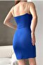 Cobalt Blue Scuba Fabric Low-cut and Slit Detailed Stone Design Strap Mini Evening Dress 582524 - 5