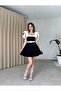 Women's Stripe Detail Strapless Neck Tie-Up Strap Design Black White Flared Belted Mini Evening Dress - 2