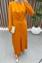 Satin Fabric Pleated Detailed Hijab Evening Dress - Mustard - 4