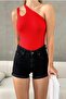 Single Shoulder Detailed Ribbed Textured Red Knitwear Blouse 0300 - 4