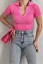 Women's Stretchy Knitwear Fabric V-Neck Short Sleeve Basic Pink Blouse 0271
