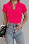Women's Stretchy Knitwear Fabric V-Neck Short Sleeve Basic Fuchsia Blouse 0271 - 7