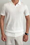 Men's Matte White Slim Fit Ribbed Polo Neck Knitwear T-Shirt - 3