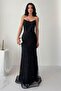 Black Beaded Embroidered Sequin Strapless Evening Dress