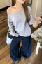Gray Women's Off Shoulder Boat Neck Oversize Long Sleeve T-Shirt
