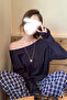 Navy Blue Women's Off Shoulder Boat Neck Oversize Long Sleeve T-Shirt - 5