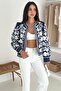 Women's Navy Blue White Floral Embroidered Long Sleeve Chic Jacket - 4