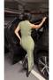 Drape Collar Lined Zippered Gathered Slit Sandy Fabric Khaki Dress - 3