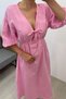 Women's Collar Piping Tie V-Neck Elastic Waist Sleeve Mouth Elastic Balloon Sleeve Long Dress - 3