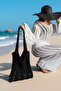 Women's Wave Patterned Knitted Casual Knitwear Black Beach Bag 40X36 - 3