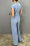 Women's Bubble Fabric Baby Blue Pants-Crew Neck Blouse Set - 5