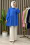 Ahu Shirt Strawberry Fabric Women's Blue Buttoned Shirt with Pocket and Ruffle Detail