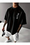 Printed Oversize Crew Neck T-Shirt - Black - 2
