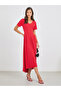 Women Red Plain V Neck A-Line Midi Dress with High Low Hem