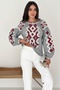Women's Balloon Sleeve Round Neck Ethnic Pattern Embroidery Embroidered Cotton Blouse - 4