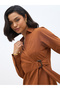 Women Brown Solid Long Sleeve Wrap Midi Dress with Belt Detail - 4