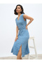 Women Self Design V Neck A-Line Midi Dress with Slit Detail - 6