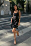 Women's Square Neck Thick Strap Mini Dress with Hem Detail Black - 4