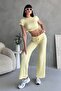 Side Gathered Seersucker Fabric Elastic Waist Pants Top and Bottom Set - 7