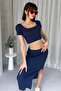 Square Necklace Crop Slit Skirt Suit - 7