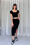 Square Necklace Crop Slit Skirt Suit