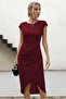Crew Neck Draped Midi Length Crepe Dress - Burgundy - 2