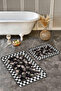 Floral Checkered Black and White Ethnic Patterned 2-Piece Non-Slip Base Washable Bath Mat Set - 2