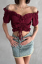 Madonna Collar Front Gathered Seersucker Fabric Short Sleeve Crop Blouse - 7