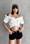 Madonna Collar Front Gathered Seersucker Fabric Short Sleeve Crop Blouse - 5