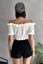 Madonna Collar Front Gathered Seersucker Fabric Short Sleeve Crop Blouse - 8