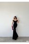 Crepe Fabric Short Sleeve Boat Neckline Slit Detail Maxi Length Evening Dress 582904 Black