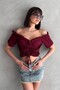 Madonna Collar Front Gathered Seersucker Fabric Short Sleeve Crop Blouse - 5