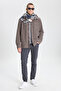 Men's Light Brown Oversize Wide Cut Classic Lapel Wool Gray Print Flannel Winter Shirt Jacket - 2