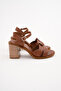 100% Handmade Genuine Leather Tan Women's Heeled Sandals - Rp2116