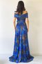 Women's Batik Print Patterned Tulle Evening Dress with Madonna Neckline Purple, Plum, Cobalt Blue, Green - 6