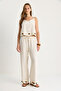 Women's Beige Thin Strap V-Neck Blouse Comfortable Fit Pants Linen Set with Accessories B28-4900 60283506 - 4