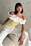 Gathered Madonna Collar Ruffled Stretchy Corded Fabric Slim Fit Stylish Blouse - 6